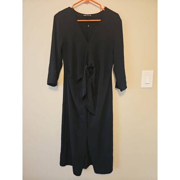 Zara Dresses & Skirts - ZARA Womens Knotted Fluid Midi‎ Dress Black Size Medium 3/4 Sleeve Front Slit